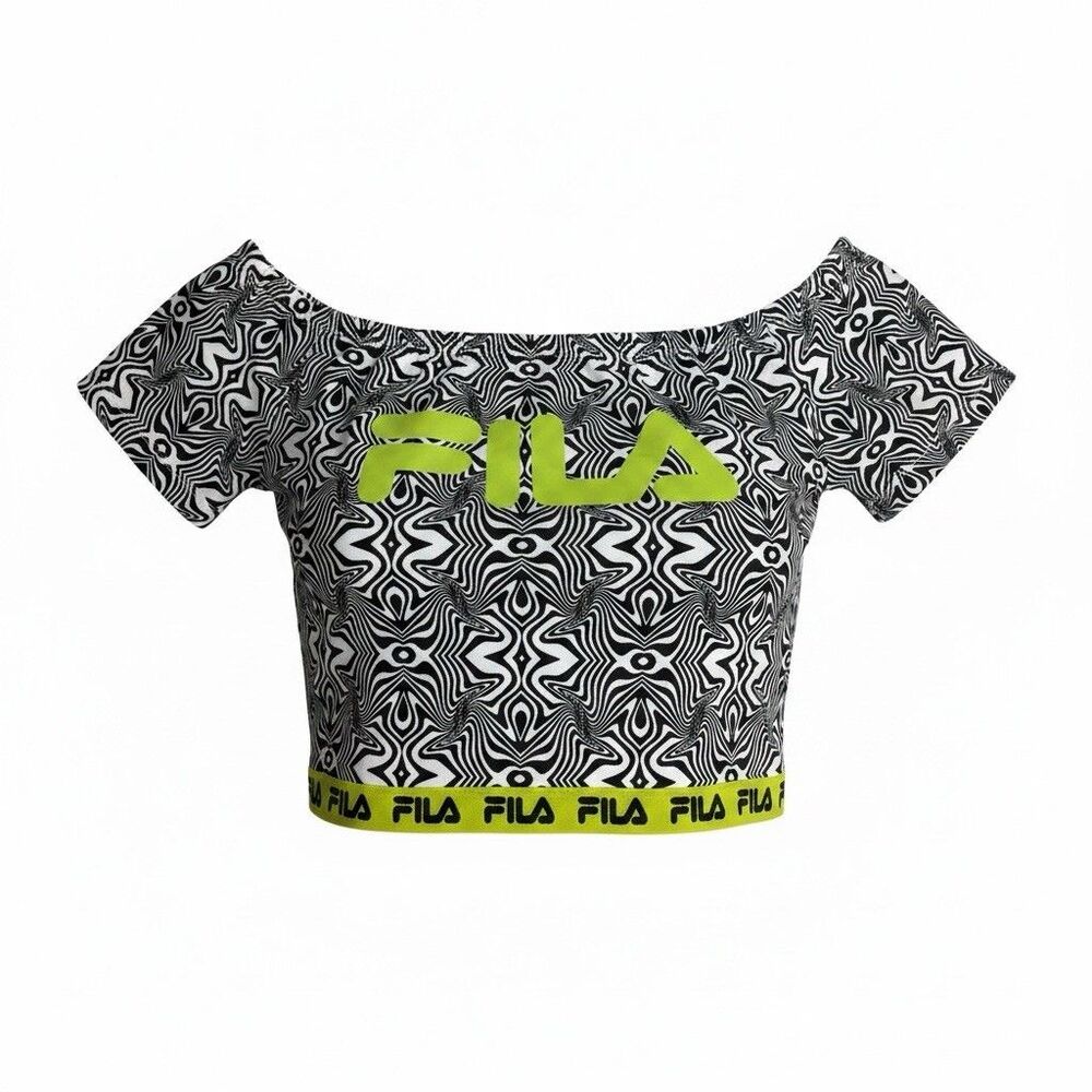 Fila Black/Neon Green Psychedelic Print  Off-Shoulder Crop Top M Y2K Sporty